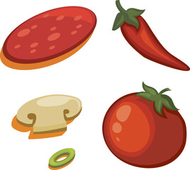 A set of ingredients for pizza, tomato, olives, basil, mushrooms, cheese, pepper. Eps 10