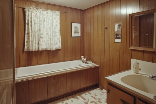 Outdated Apartment. Simple Bathroom with Wood Cabinets and Brown Floor