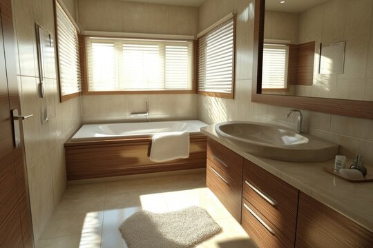 Outdated Apartment. Simple Brown Bathroom Interior with Wooden Cabinets and Shower