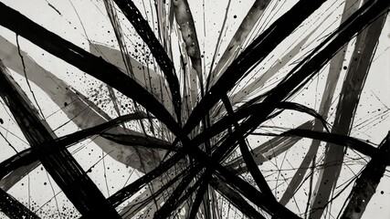An abstract composition of black and gray brushstrokes on a white background