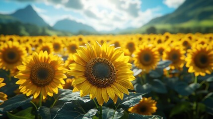 Obraz premium Sunflowers in a Field with Mountains in the Background