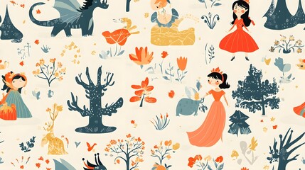 Seamless wallpaper featuring fairy tale characters like princesses, dragons, and magical forests in a