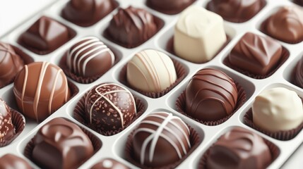 Fototapeta premium Assorted gourmet chocolate truffles in a box. Delicious and elegant treats perfect for gifts or indulging in sweet moments.