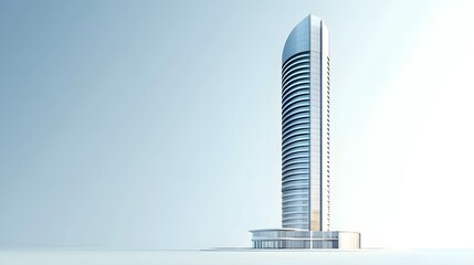 A realistic model of a modern skyscraper, showcasing sleek lines and reflective surfaces, set on a light solid color background with ample copy space