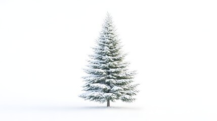Spruce tree on a white background. A solitary snow-covered evergreen tree stands against a minimalist white background, evoking a sense of winter tranquility and peace. 