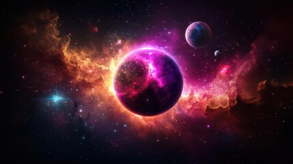 Vibrant Nebula with Planets Spacecraft and Dynamic Celestial Elements in Captivating Outer Space Scene