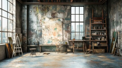 Empty Artist Studio with City View.