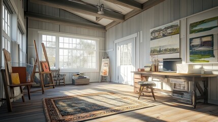 Fototapeta premium Sunbeams illuminate a rustic art studio with an easel, paintings, and a wooden desk.