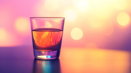 Close-up of a single shot glass filled with vibrant liquid, with soft light highlighting its contours against a plain background