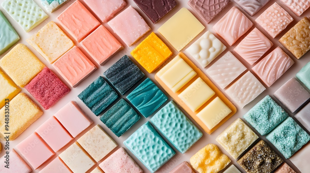 Wall mural a close-up of colorful handmade soap bars arranged neatly on a light solid color background, showcas
