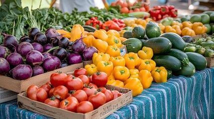 Sustainable farming. A vibrant display of fresh vegetables, including eggplants, bell peppers, zucchini, and tomatoes, at a bustling farmers' market. 