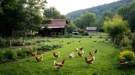 Sustainable farming. A serene rural scene featuring a spacious green farmyard with chickens roaming freely amidst lush gardens and a rustic farmhouse in the background. 