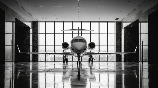 Private jet airplane at the huge white hangar waiting for maintenance and repair jobs. Expensive and luxury trip is waiting after a passengers. Business jet prepared for departure. Luxury life