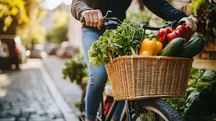 Sustainable living.. A person rides a bicycle with a wicker basket filled with fresh vegetables, showcasing a healthy and sustainable lifestyle in an urban environment. 