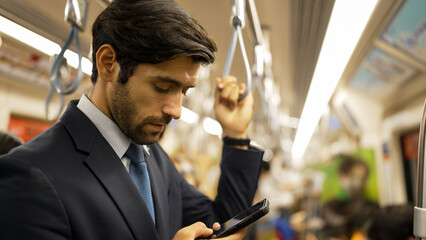 Professional smart business man looking phone while standing at train surrounded by people. Caucasian project manager checking email, planing marketing strategy with blurred background. Exultant.