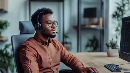 Tech accessibility. A young man wearing a headset is focused on his computer screen in a modern workspace, showcasing a professional and engaging work environment. 