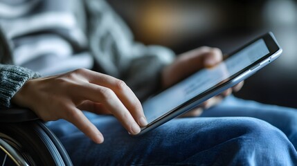 Tech accessibility. A close-up of a person using a tablet while sitting in a wheelchair, showcasing technology accessibility and modern lifestyle. 