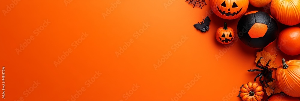 Canvas Prints A festive Halloween background with orange pumpkins, spiders, and bats on an orange corrugated paper surface. This image is perfect for creating Halloween themed designs, invitations, or social media 