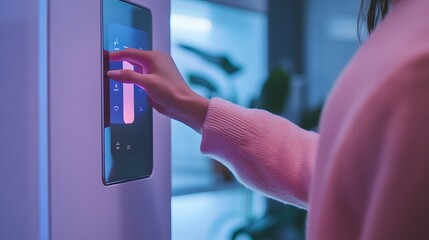 Obraz premium Tech accessibility. A modern kitchen scene featuring a person interacting with a high-tech, illuminated refrigerator control panel. 