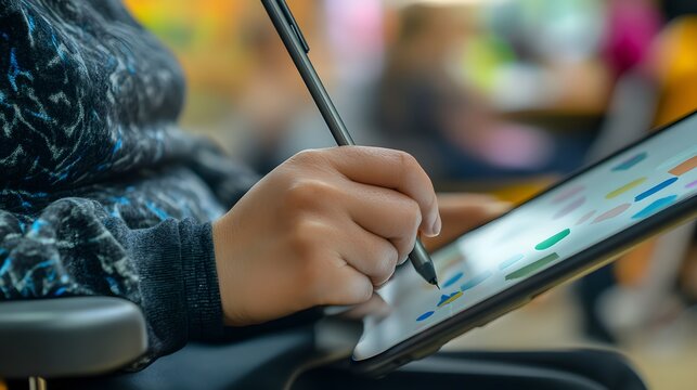 Tech accessibility. A close-up of a person's hand holding a stylus and drawing on a tablet screen filled with colorful shapes, showcasing creativity and digital art. 