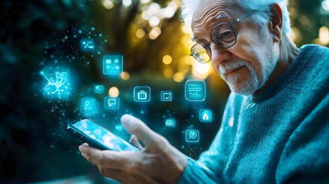 Tech accessibility. an older adult using a smartphone with large icons and accessibility features ena