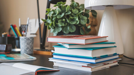 stack of books on table