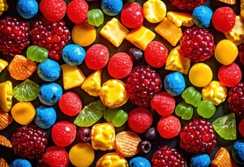 Fototapeta premium vibrant display colorful snack foods featuring various shapes fun enjoyable treat experience, options, flavors, textures, treats, candies, chips, sweets