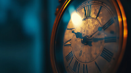 Closeup of a clock showing a late hour, with the background blurred to focus on the passage of time and the unexpected nature of the event, time of death, sudden loss in sleep