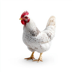 Fototapeta premium A speckled white hen standing on a plain white background, showing off its distinct plumage and calm demeanor.