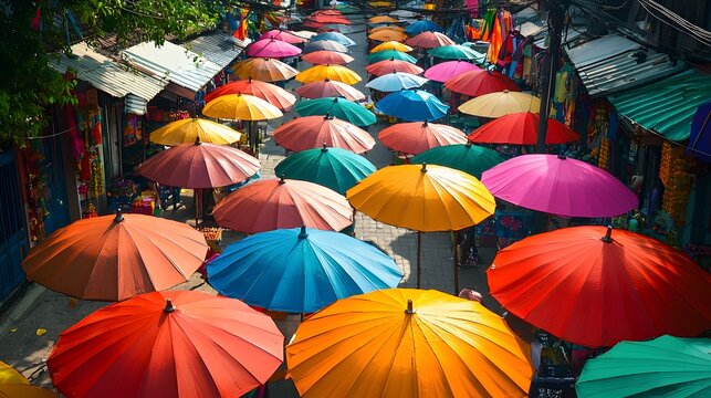 photography of a vibrant street market with colorful umbrellas
