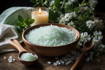 Bowl of Sea Salt with a Wooden Spoon Next to Green Aromatic Candles