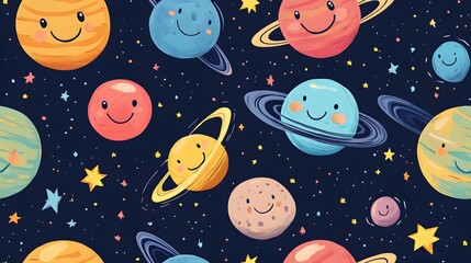 Naklejka premium Planets seamless tiling wallpaper in a fun, kid-friendly style.