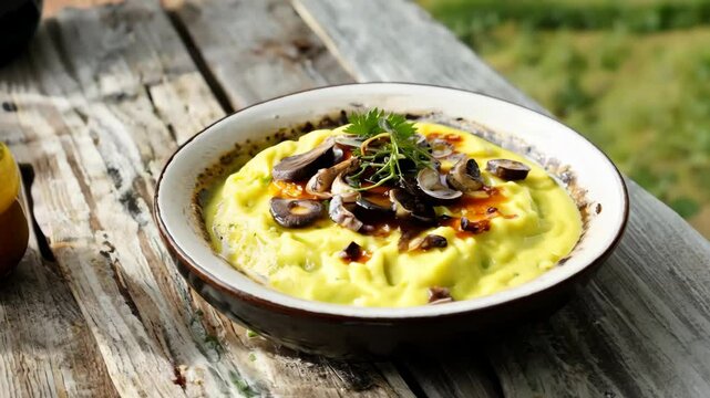 A bowl of creamy polenta served with wild mushrooms and truffle oil served on a simple, rustic table.