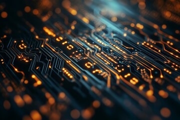High-tech circuit board illuminated with orange and blue lighting.