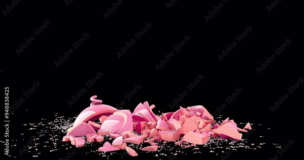 Poster piggy bank falling down and breaking into pieces. 3d animation isolated on transparent background