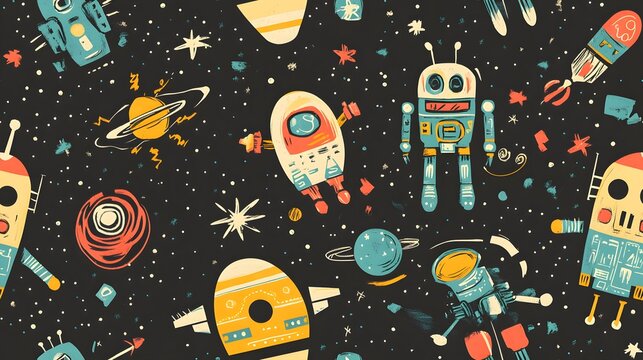 Space robots seamless tiling wallpaper in a fun, kid-friendly style.