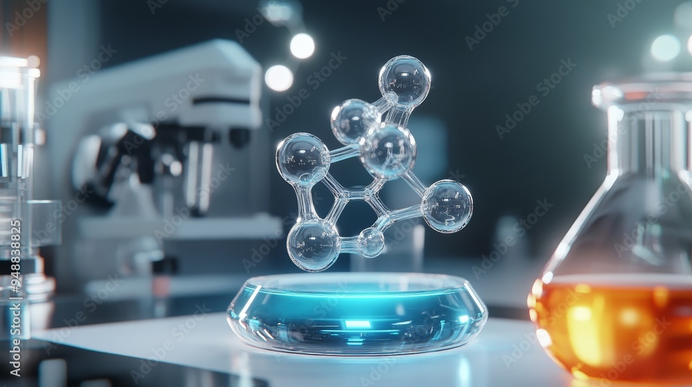 Poster A futuristic laboratory scene featuring a holographic molecular model suspended above a glowing blue platform. The model represents the intricate structure of a molecule, symbolizing innovation, scien