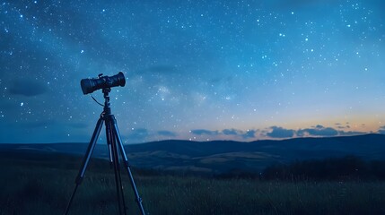 A tripod setup for astrophotography capturing constellations with a natural landscape background