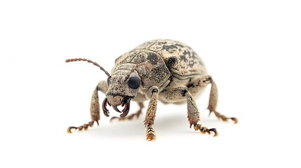 vine weevil insect on a pure white background. Vine weevil insect on a pure white background -. A close-up view of a textured, light-colored beetle sh