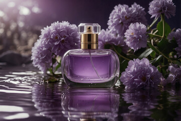 Perfume on the background of Bathtub with Bright Purple Flowers