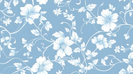 white floral pattern on sky blue background. A delicate floral pattern featuring light blue and white blossoms against a soft blue background, perfect