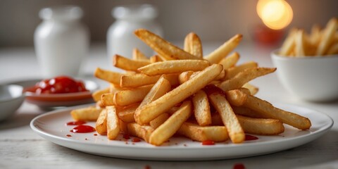Golden crispy french fries with ketchup on white plate.
