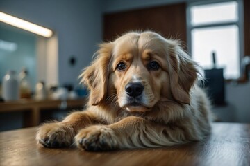 Fluffy Dog with Long Fur and Big Ears Lying on the Table During a Veterinary Check-Up