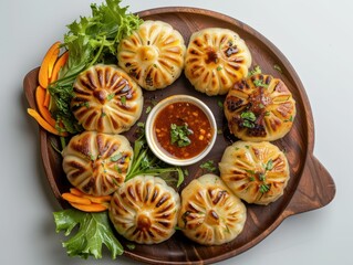 Delicious Steamed Dumplings With Sauce and Fresh Greens