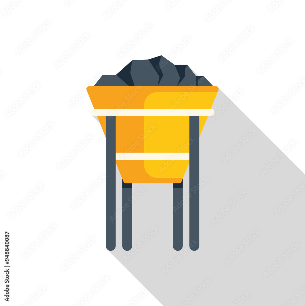 Poster mining cart full of coal standing on rails, flat style icon with long shadow