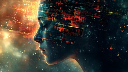 worldwide network connection digital art illust. A futuristic digital portrait of a woman's profile with a vibrant, abstract overlay representing data