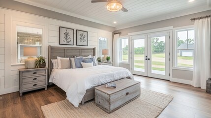 Modern bedroom with white bed, rug and wood accents.