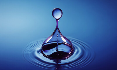 A purple water droplet with a crown-like shape, suspended in the air above a rippling water surface 