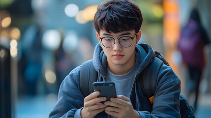 Fototapeta premium Young man with glasses, sitting on a bench in a tech hub area of Silicon Valley, looking intently at h