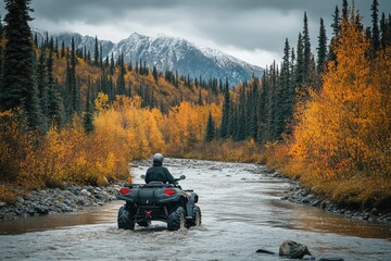 ATV Hunting in Alaska Wilderness: Quad Bike Crossing River in Autumn